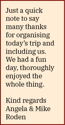Just a quick note to say many thanks for organising today s trip and including us  We had a fun day, thoroughly enjoy   