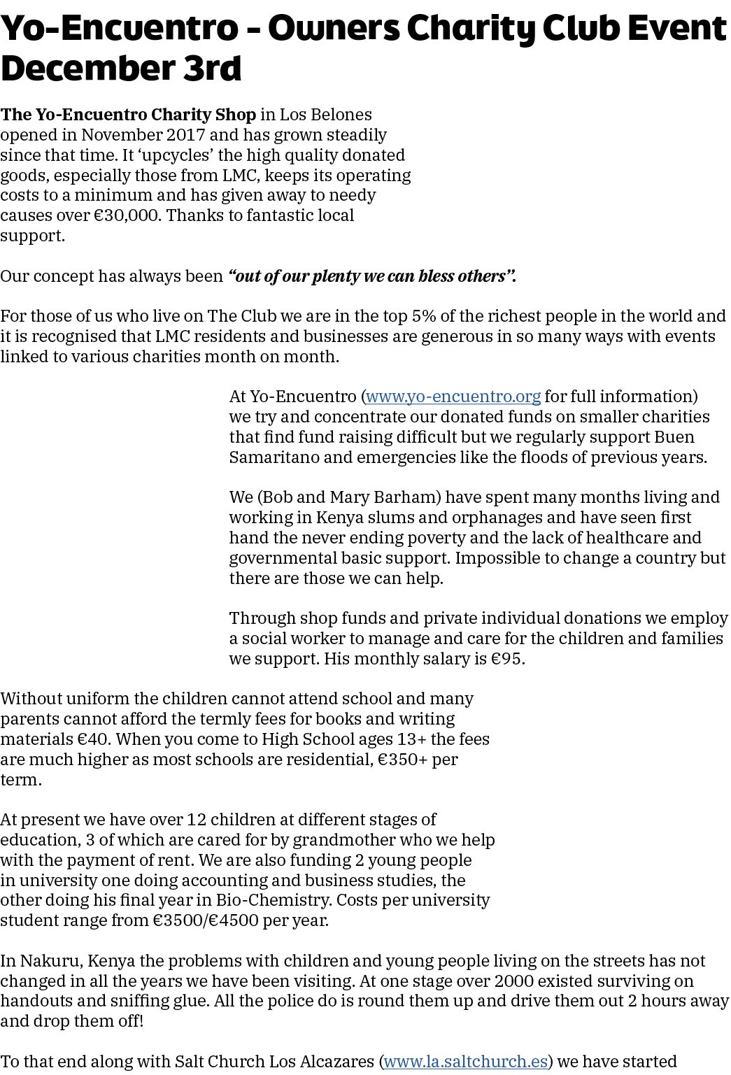 Yo-Encuentro - Owners Charity Club Event December 3rd The Yo-Encuentro Charity Shop in Los Belones opened in November   